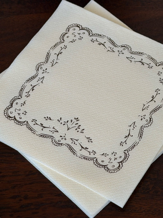 Embroidered Napkins - Ivory and Cocoa Brown